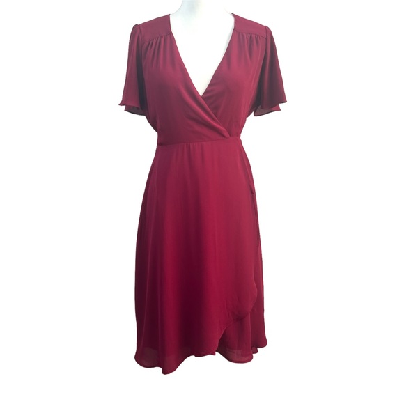 Lulus Wrap Maxi Dress Women,s Medium Burgundy Short Sleeve Slit Flutter New - Picture 4 of 9